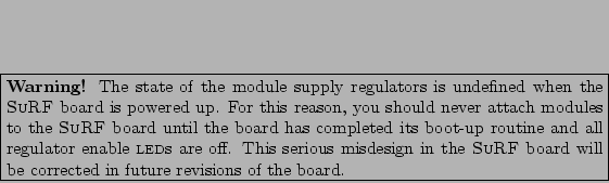 \fbox{\parbox[t]{0.99\textwidth}{{\bf Warning!} The state of the module
supply ...
...n the {{\sc SuRF}}\ board will be
corrected in future revisions of the board.}}